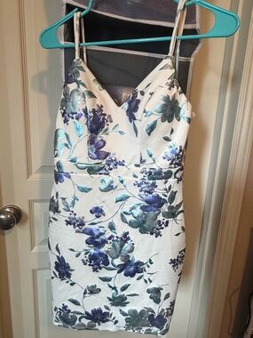 City Studio White Mini Dress with Blue & Teal Floral Jacquard